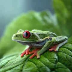 Obraz premium Red eyed tree frog with vibrant green body and orange toes sits on lush leaf, tropical rainforest atmosphere, vivid and lively mood