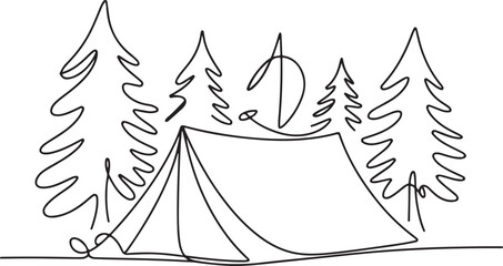 Continuous line art illustration of pitched tent among trees with handmade contour