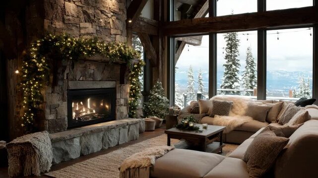 Cozy Living Room With Stone Fireplace Decorated With Christmas Garland And Lights Overlooking Snowy Mountain Landscape With Pine Trees And Large Sofa With Plush Blankets And Pillows On A Cloudy Day