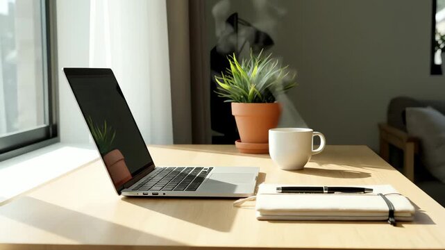 Clean Modern Office Desk Setup with Laptop in Soft Natural Window Light - AI Generated