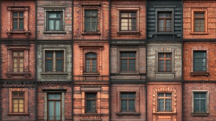 Grid of diverse brick facades showcasing various window designs and textures.
