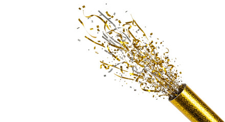 Gold and Silver Streamers and Confetti Bursting from a Party Popper explosion celebration isolated on a transparent background