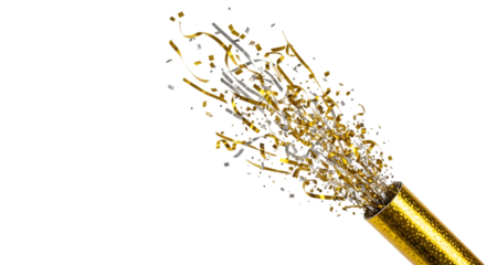 Gold and Silver Streamers and Confetti Bursting from a Party Popper explosion celebration isolated on a transparent background