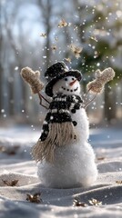 Happy snowman in winter landscape with black hat and scarf raised arms