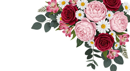 Floral Arrangement with Pink Peonies, Red Roses, Daisies, and Greenery on a Black Background flower bouquet isolated on a transparent background