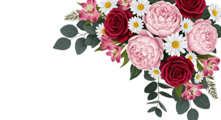 Floral Arrangement with Pink Peonies, Red Roses, Daisies, and Greenery on a Black Background flower bouquet isolated on a transparent background