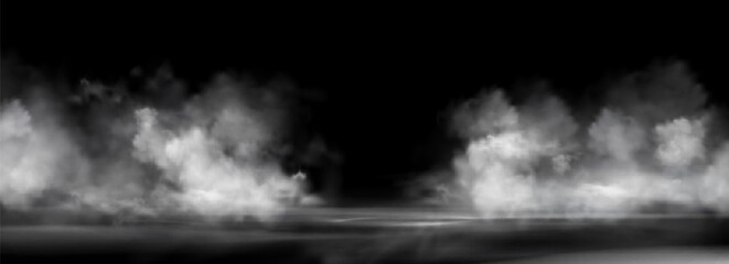 Naklejka premium Gray smoke clouds on black water surface. Vector realistic illustration of thick transparent fog, dirty dusty air, dark vapor floating at night, spooky Halloween atmosphere design, horror haze effect