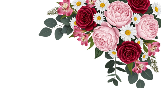 Floral Arrangement with Pink Peonies, Red Roses, Daisies, and Greenery on a Black Background flower bouquet isolated on a transparent background