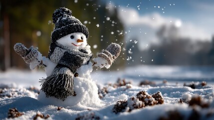 happy snowman in winter landscape