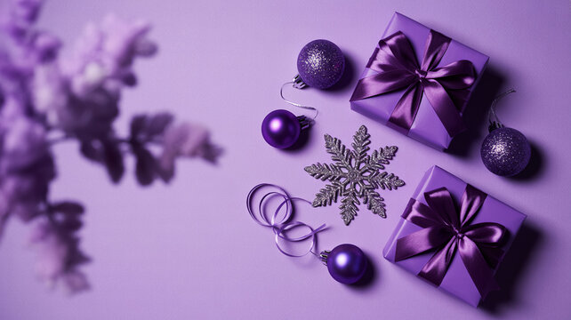 Festive winter holiday arrangement with gifts and decorations in purple theme