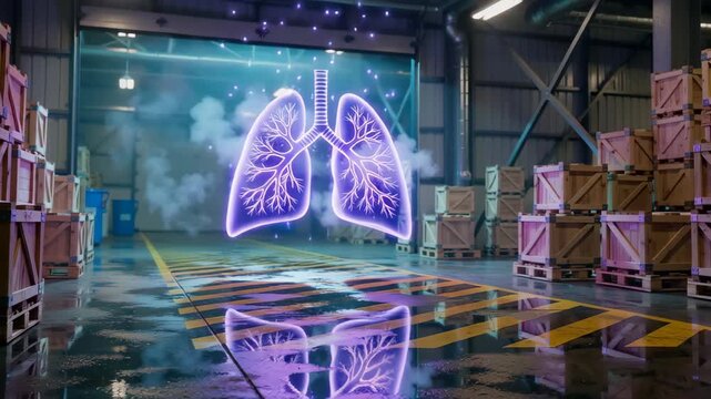 A glowing representation of lungs surrounded by industrial crates and reflective floor in a warehouse