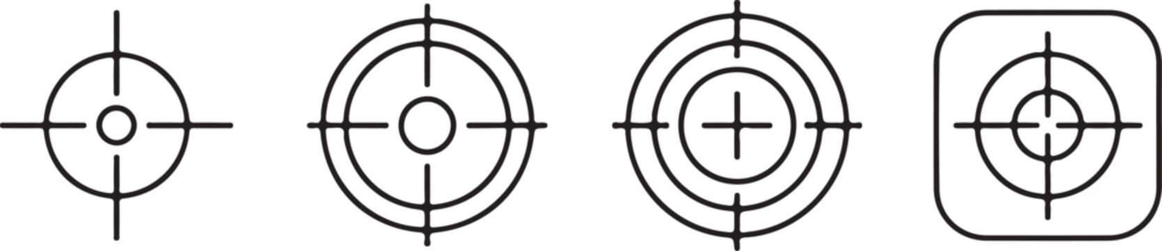 Target destination icon set. Aim sniper shoot group. Focus cursor bull eye mark collection. Vector isolated on white