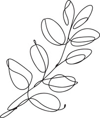 Continuous line art illustration of simple branch with soft curved leaves using handmade contour