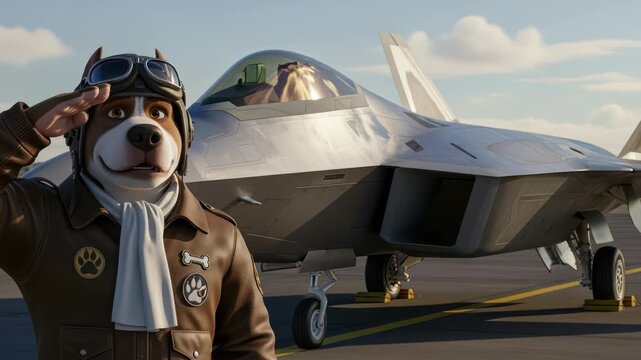 An animated dog pilot stands proudly in front of a military fighter jet on the runway awaiting