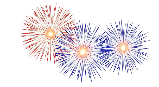Three colorful fireworks exploding in red white and blue against a black background explosion celebration isolated on a transparent background - Powered by Adobe