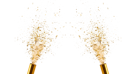 Two Gold Confetti Cannons Exploding with Streamers and Glitter on Black explosion isolated on a transparent background