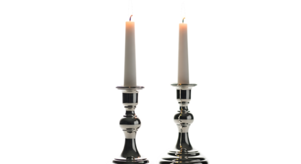Two Lit Silver Candlesticks with White Candles on Black Background image frt248 isolated on a transparent background