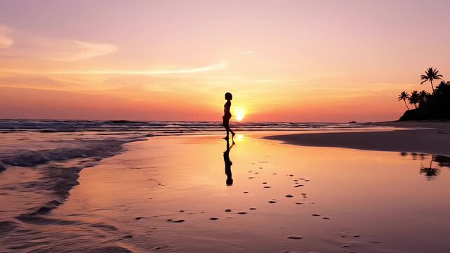 Lone Silhouette Walking Along Warm Sunset Shoreline with Pastel Reflections - AI Generated