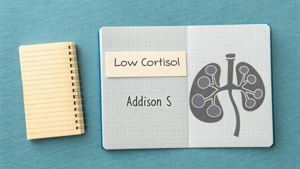 Adrenal Gland and Low Cortisol Concept in Medical Notebook Close Up