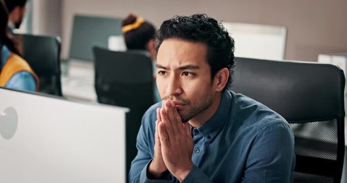 Thinking, employee and man with computer, serious and proofreading story for journalism or creative. Coworking, reporter and people with technology for article, reflection and inspiration in newsroom