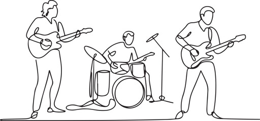 Continuous line art illustration of small band performing on stage with handmade contour