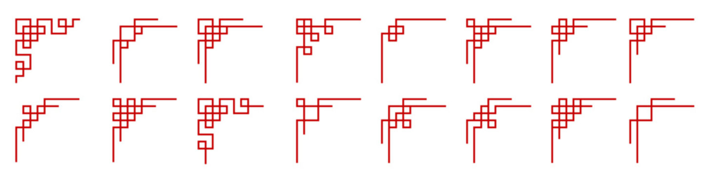 Chinese corner set, asian frame, red border vector pattern