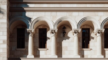 Obraz premium Sunlit Classical Facade with Arched Windows and Corinthian Columns