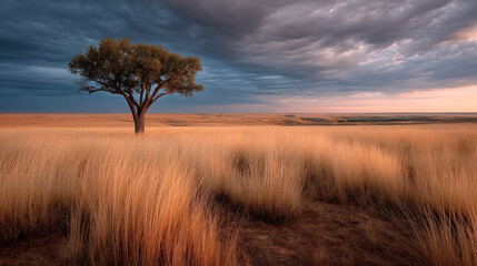 Lone tree plains wild grass dramatic sky golden field landscape nature sunset stormy clouds
