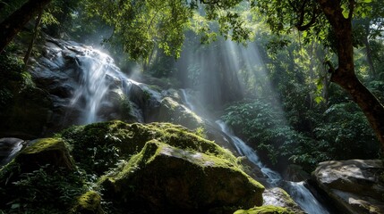 Obraz premium Jungle waterfall cascading over mossy rocks, tropical plants surrounding, mist and sunlight rays