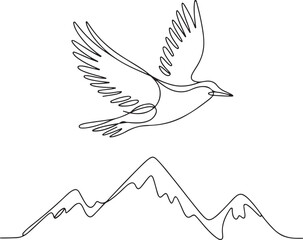 Continuous line art illustration of soaring bird above mountain peaks using handmade contour