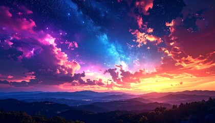 A colorful, vivid sunset sky filled with pink, purple, blue hues over a distant mountain range