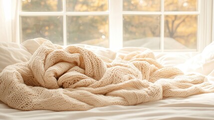 Warm beige knitted blanket crumpled on pristine white bed sheets inside sunlit bedroom. Calm comfort for quiet rest and essential recovery during wellness needs.