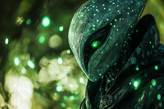 Generative AI portrait of glowing blue alien humanoid with textured skin and cosmic eyes in a futuristic sci fi atmosphere