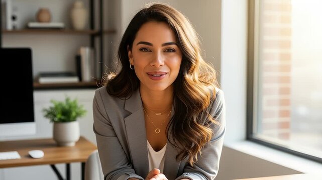 Confident businesswoman shares insights in a virtual meeting, offering professional advice with a