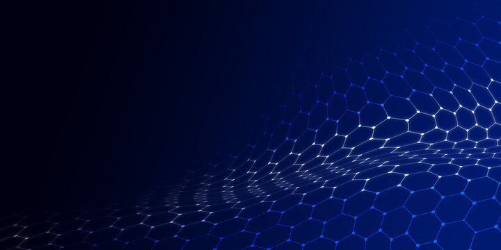 dynamic, dark blue background featuring futuristic undulating white and blue hexagonal mesh or wave. Digital pattern suggests data flow connectivity and high-tech or cyber environment