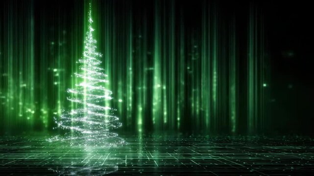 Abstract Digital Christmas Tree Formation with Sparkling Lights and Green Matrix Background on Dark Scene