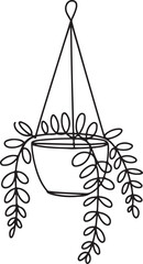 Continuous line art illustration of hanging plant pot with trailing vines using handmade sketch contour
