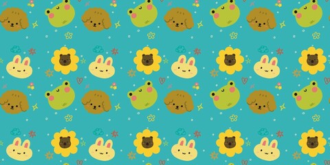 seamless pattern of animal rabbit frog dog bear cute hand drawn illustration background