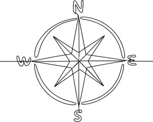 Continuous line art illustration of compass with north south east west arrows using handmade sketch contour