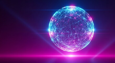 A glowing sphere of interconnected nodes and lines, emitting vibrant blue and pink light against a dark purple background.