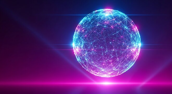 A glowing sphere of interconnected nodes and lines, emitting vibrant blue and pink light against a dark purple background.