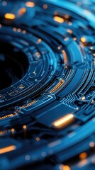 Close-up view of a complex, abstract circuit board with intricate pathways and glowing orange lights, suggesting technology and data flow in a dark, futuristic