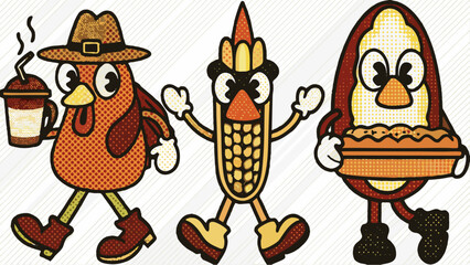 Thanksgiving characters celebrate together a fun holiday with a turkey, corn, and pumpkin pie