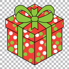 A hand-drawn, isometric view of a red gift box adorned with green and white polka dots and a bright green ribbon for xmas.