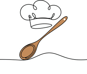 Continuous line art illustration of chef’s hat crossed with wooden spoon using handmade sketch contour