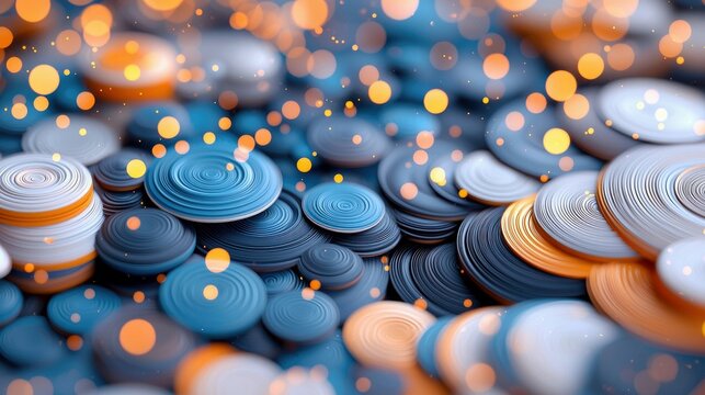 A close-up, abstract view of numerous stacked circular objects in shades of blue, gray, and orange, with soft, glowing bokeh lights in the background. - Powered by Adobe