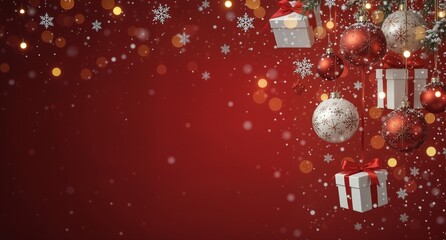 festive christmas background with ornaments, gift boxes, and falling snow for holiday celebrations.