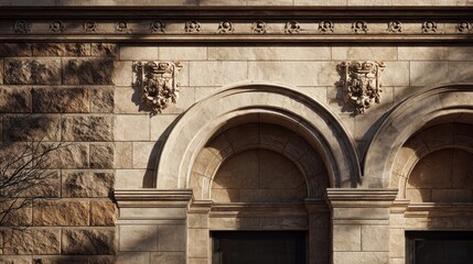 Contrasting stone facade with rustic and ornate architectural archways.