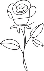 Continuous line art illustration of blooming rose with single curved leaf using handmade sketch contour