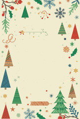 Vector illustration of a Christmas card with a flat design style, featuring a minimalist aesthetic, bold lines, and vibrant colors, including shades of red, green